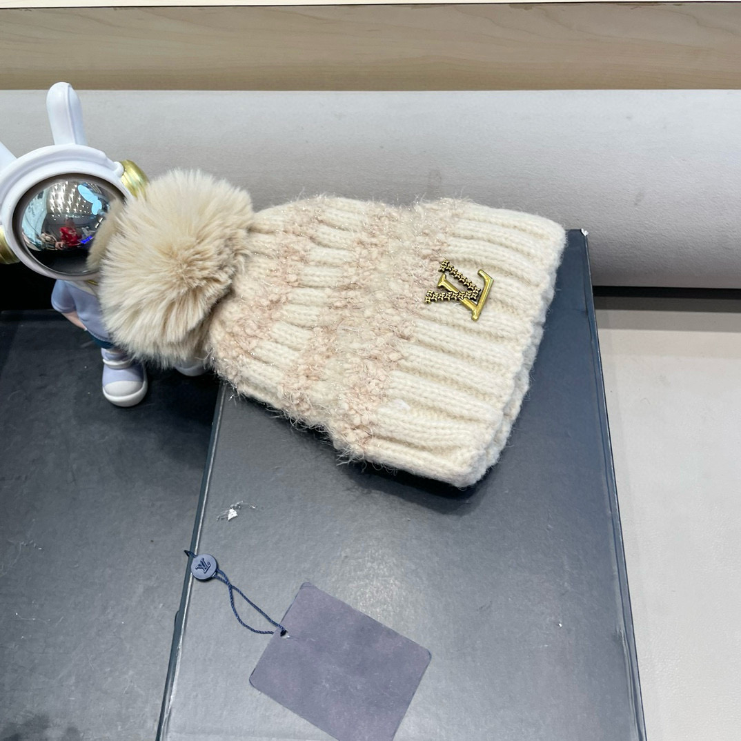 lv路易威登日系兔毛混纺毛线帽子女冬季新款时尚彩条针织帽显脸小百搭包头帽