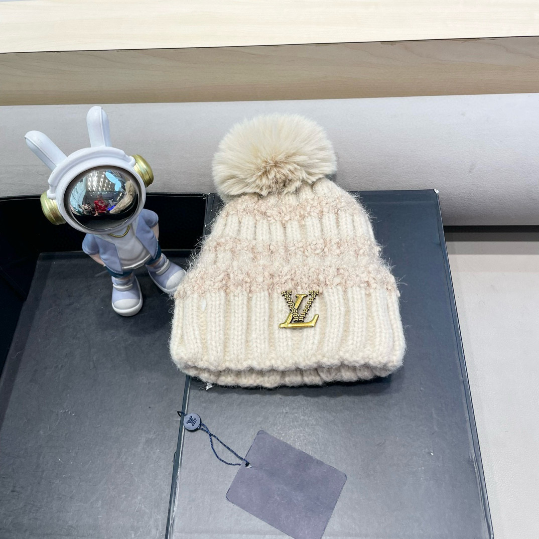 lv路易威登日系兔毛混纺毛线帽子女冬季新款时尚彩条针织帽显脸小百搭包头帽