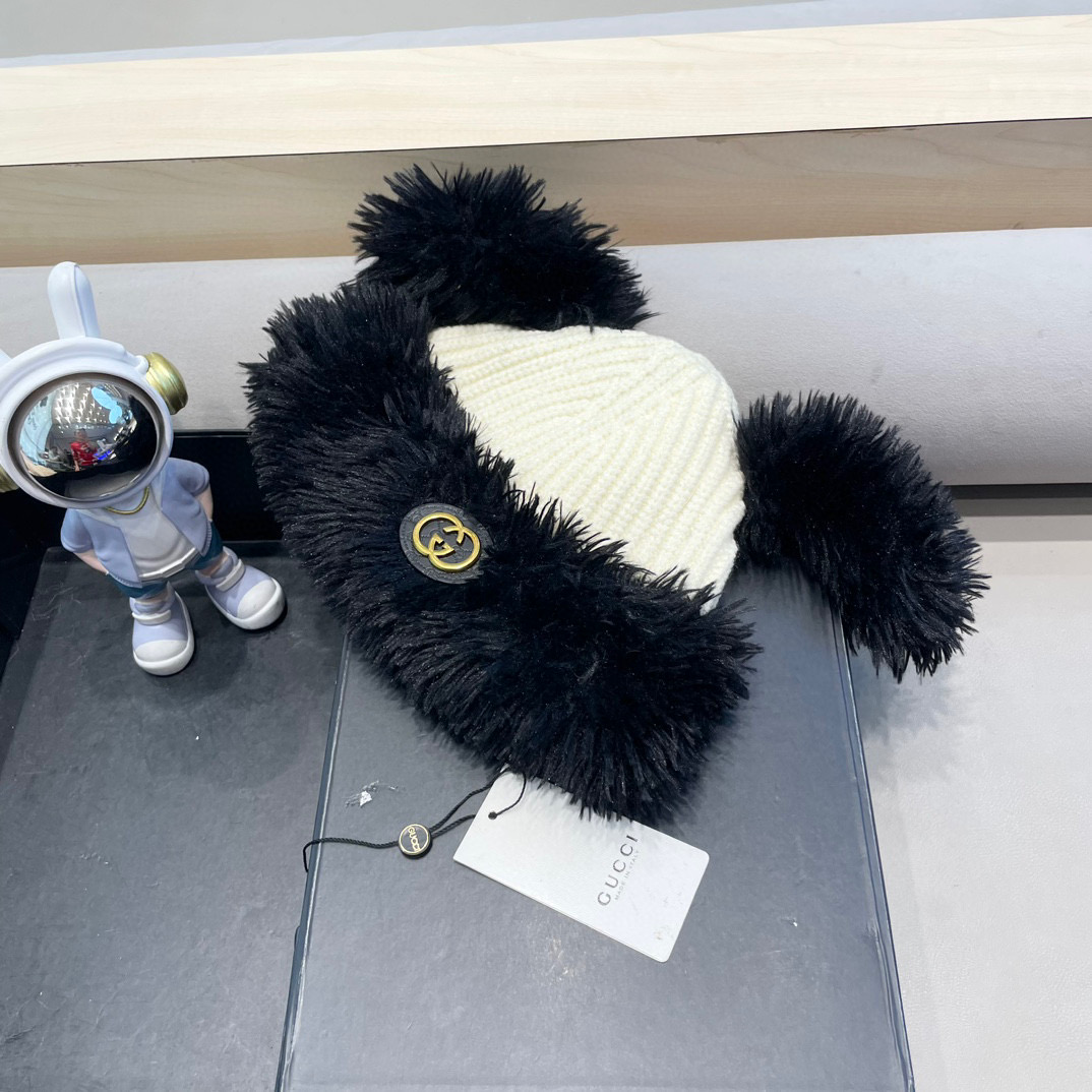 Gucci冬季可爱卡通显脸小毛绒绒针织帽子女款韩版百搭加绒保暖毛线帽潮