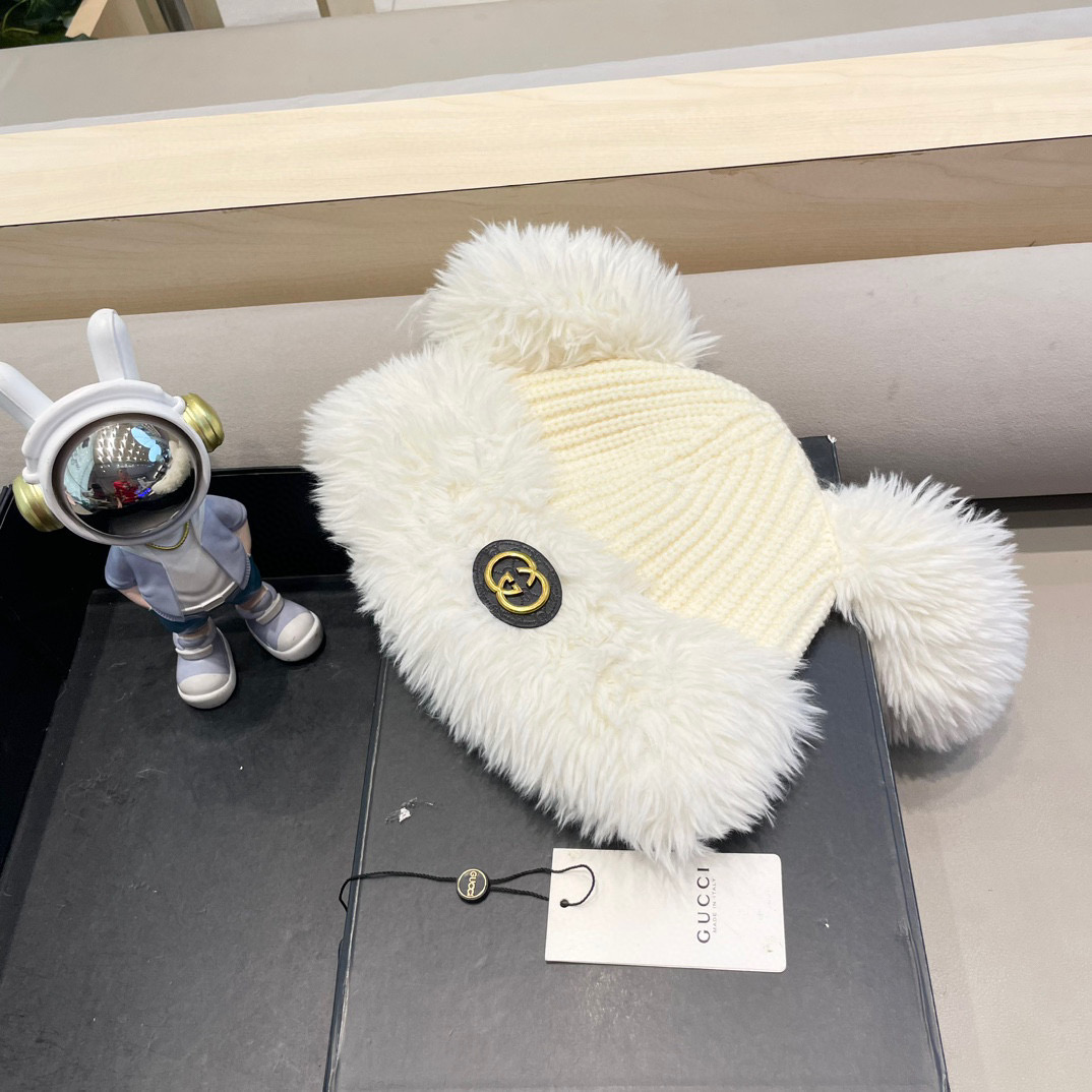 Gucci冬季可爱卡通显脸小毛绒绒针织帽子女款韩版百搭加绒保暖毛线帽潮