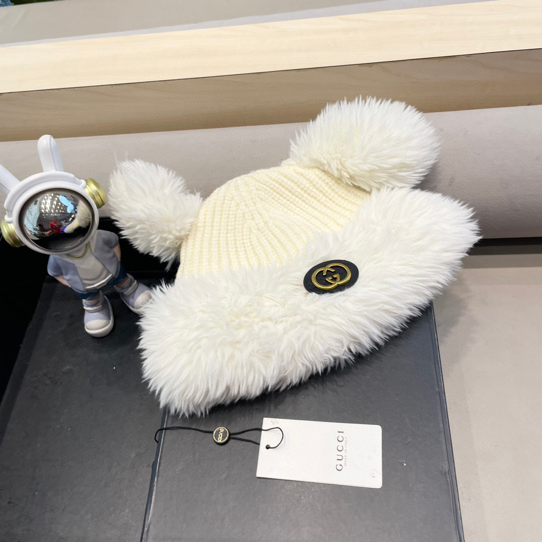 Gucci冬季可爱卡通显脸小毛绒绒针织帽子女款韩版百搭加绒保暖毛线帽潮