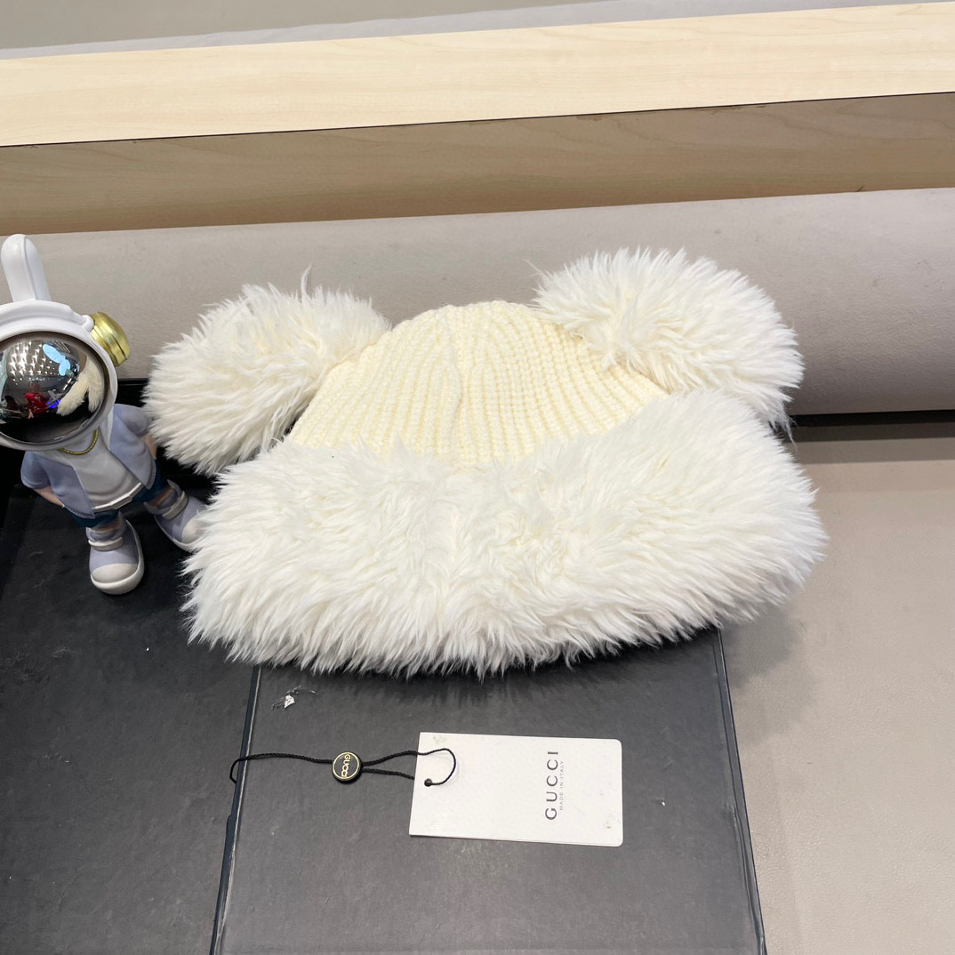 Gucci冬季可爱卡通显脸小毛绒绒针织帽子女款韩版百搭加绒保暖毛线帽潮