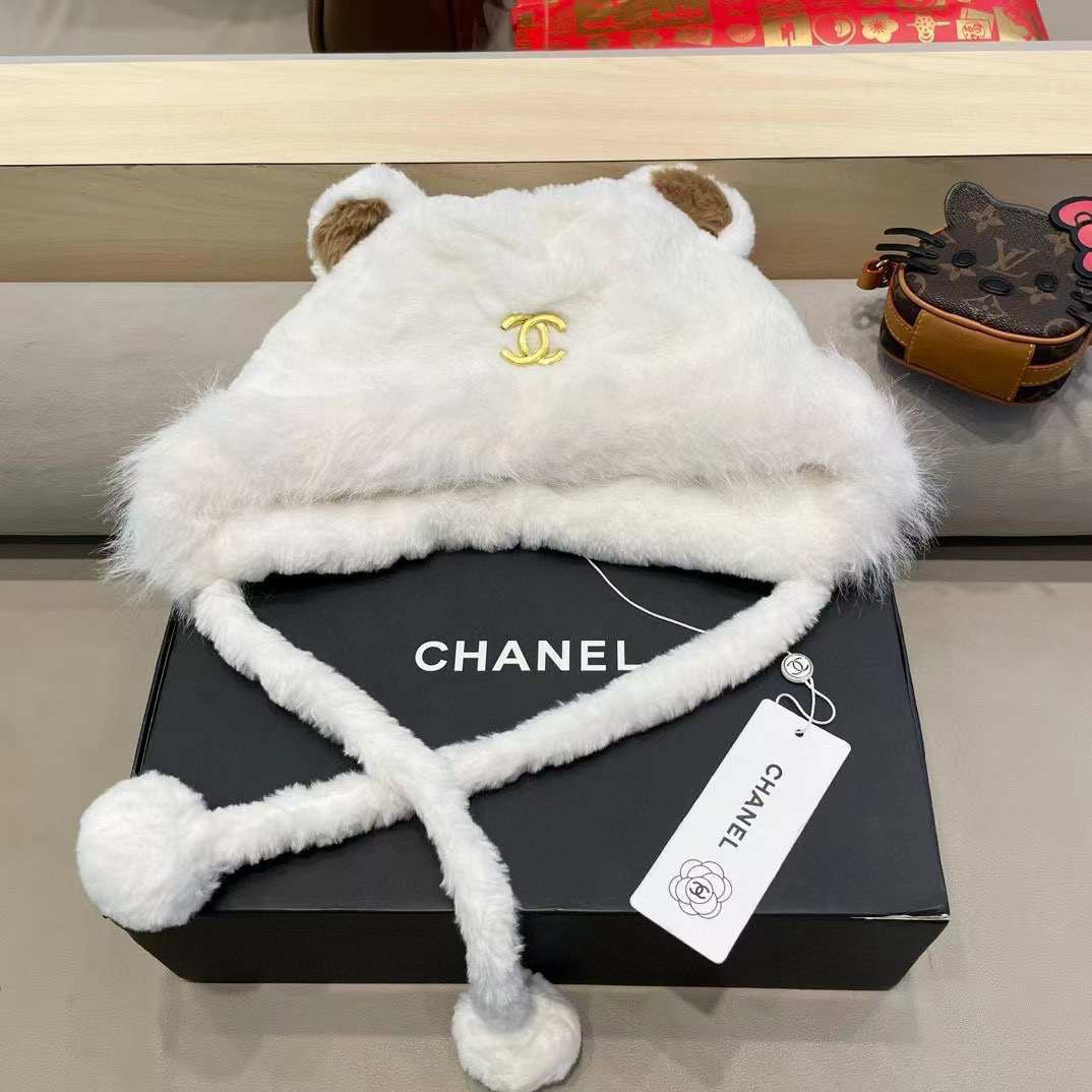 Chanel 日系可爱小熊耳朵拼色毛绒雷锋帽子女秋冬季加厚保暖防风护耳帽潮