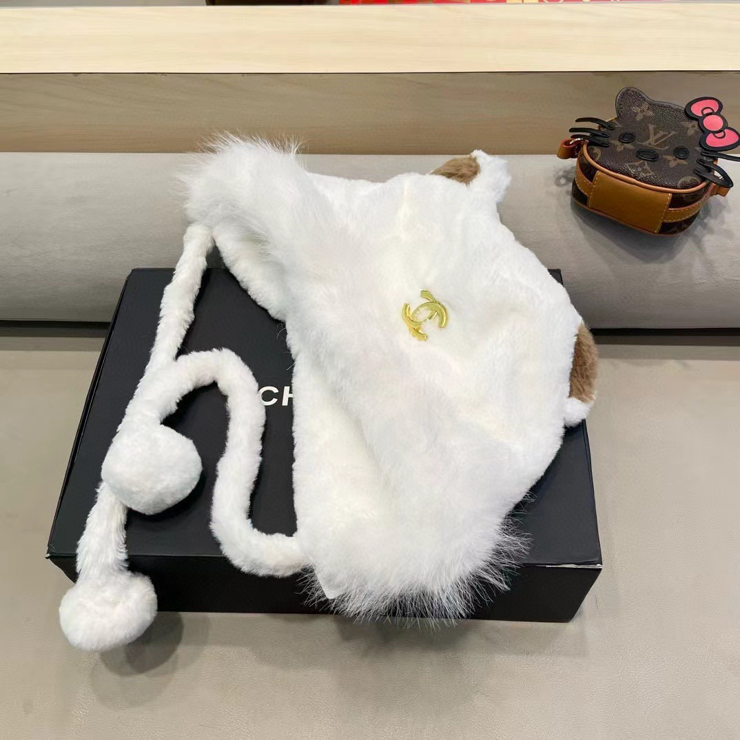 Chanel 日系可爱小熊耳朵拼色毛绒雷锋帽子女秋冬季加厚保暖防风护耳帽潮