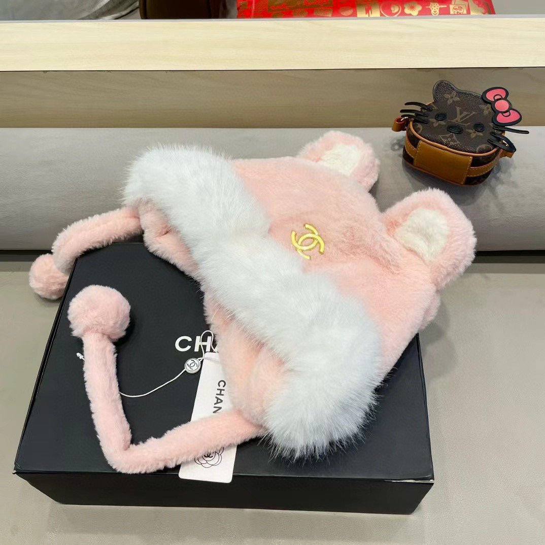 Chanel 日系可爱小熊耳朵拼色毛绒雷锋帽子女秋冬季加厚保暖防风护耳帽潮
