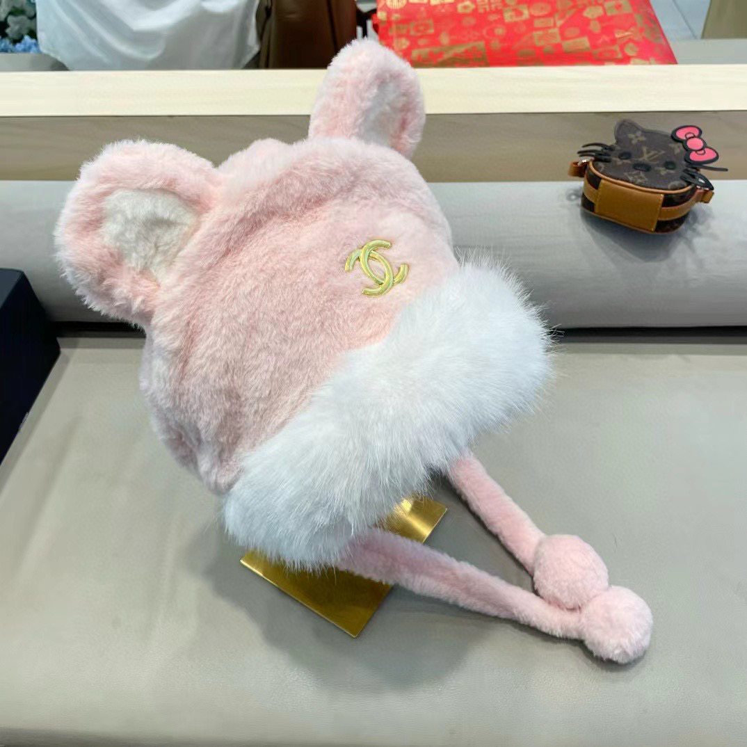 Chanel 日系可爱小熊耳朵拼色毛绒雷锋帽子女秋冬季加厚保暖防风护耳帽潮