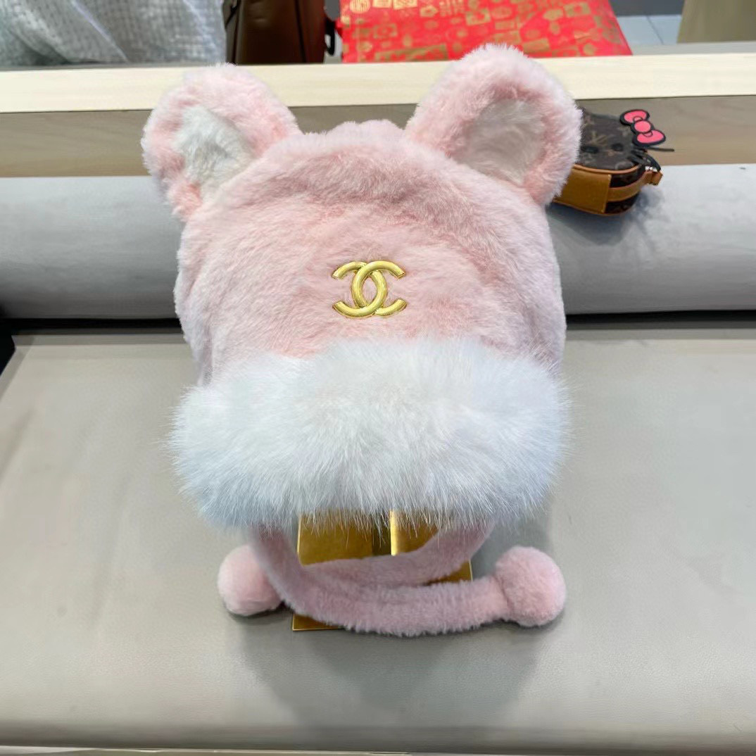 Chanel 日系可爱小熊耳朵拼色毛绒雷锋帽子女秋冬季加厚保暖防风护耳帽潮