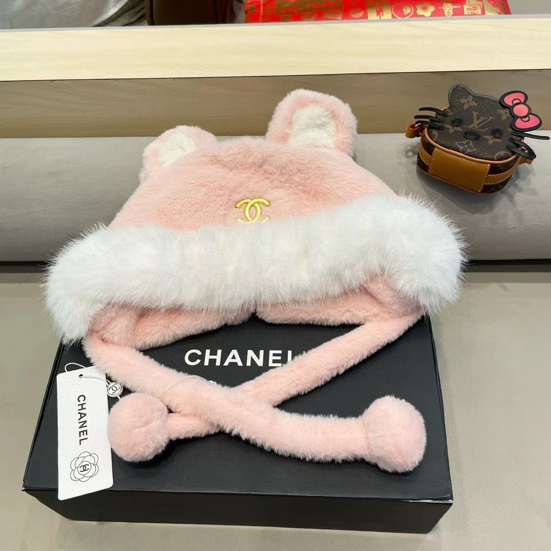 Chanel 日系可爱小熊耳朵拼色毛绒雷锋帽子女秋冬季加厚保暖防风护耳帽潮