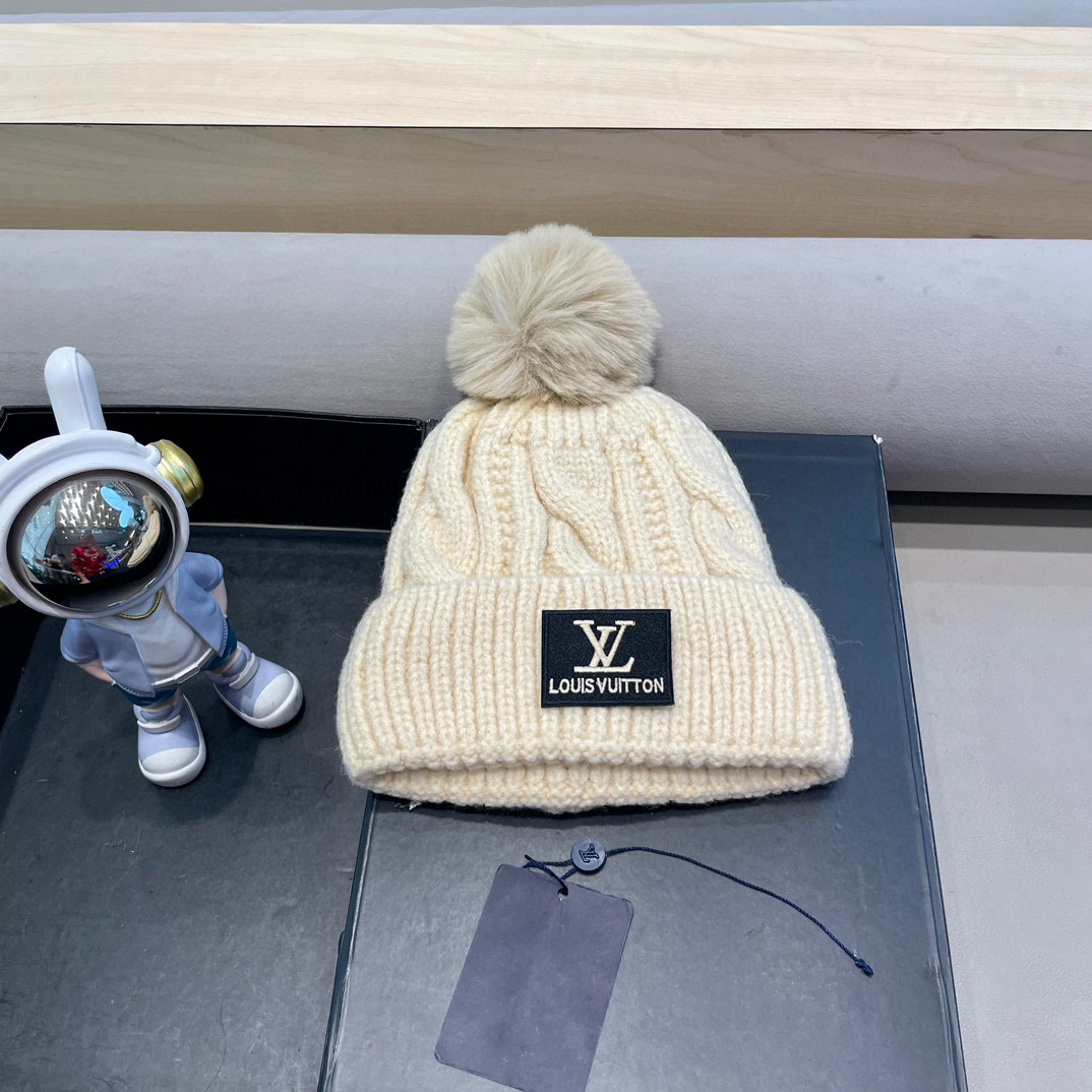 lv路易威登加绒毛线帽冬季保暖帽子护耳帽针织女帽新款加厚冷帽倪倪儿毛球帽