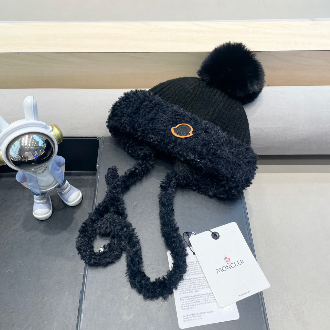 moncler针织帽子女新款保暖加厚防寒毛绒球可爱系带护耳帽潮