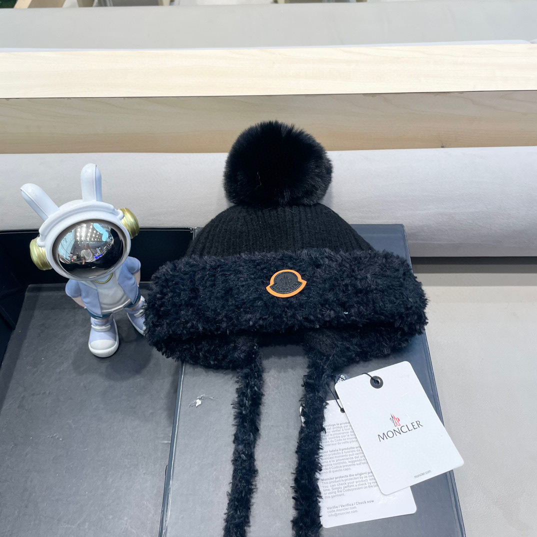 moncler针织帽子女新款保暖加厚防寒毛绒球可爱系带护耳帽潮