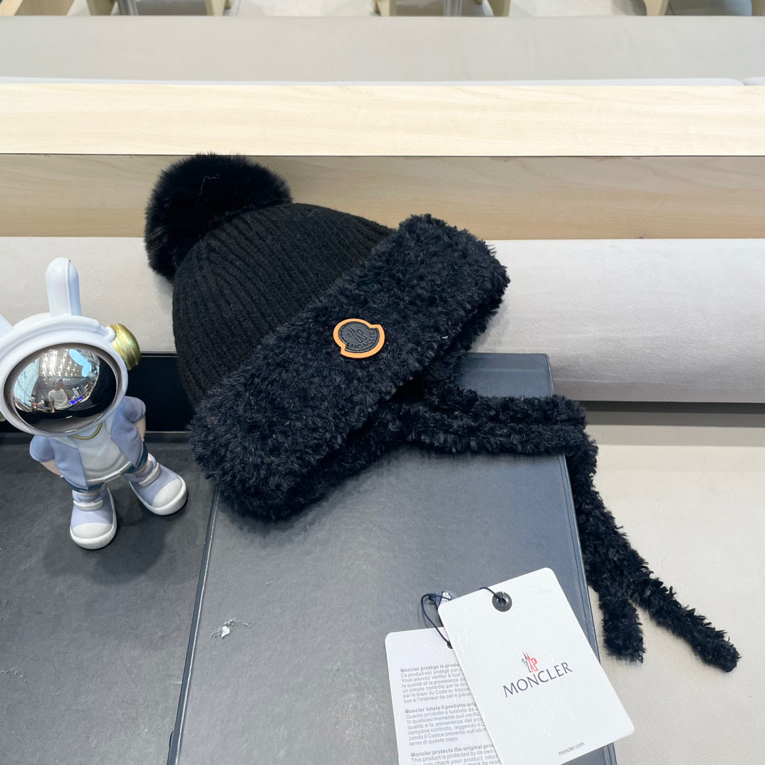 moncler针织帽子女新款保暖加厚防寒毛绒球可爱系带护耳帽潮