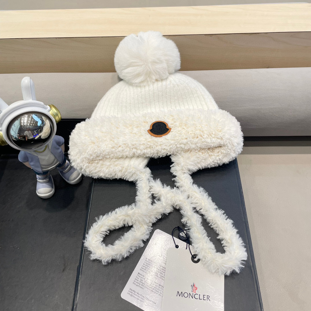 moncler针织帽子女新款保暖加厚防寒毛绒球可爱系带护耳帽潮