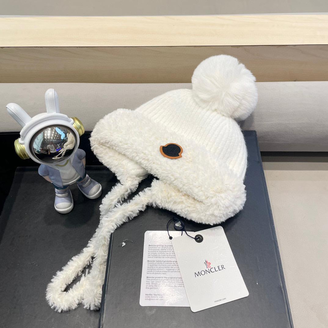 moncler针织帽子女新款保暖加厚防寒毛绒球可爱系带护耳帽潮