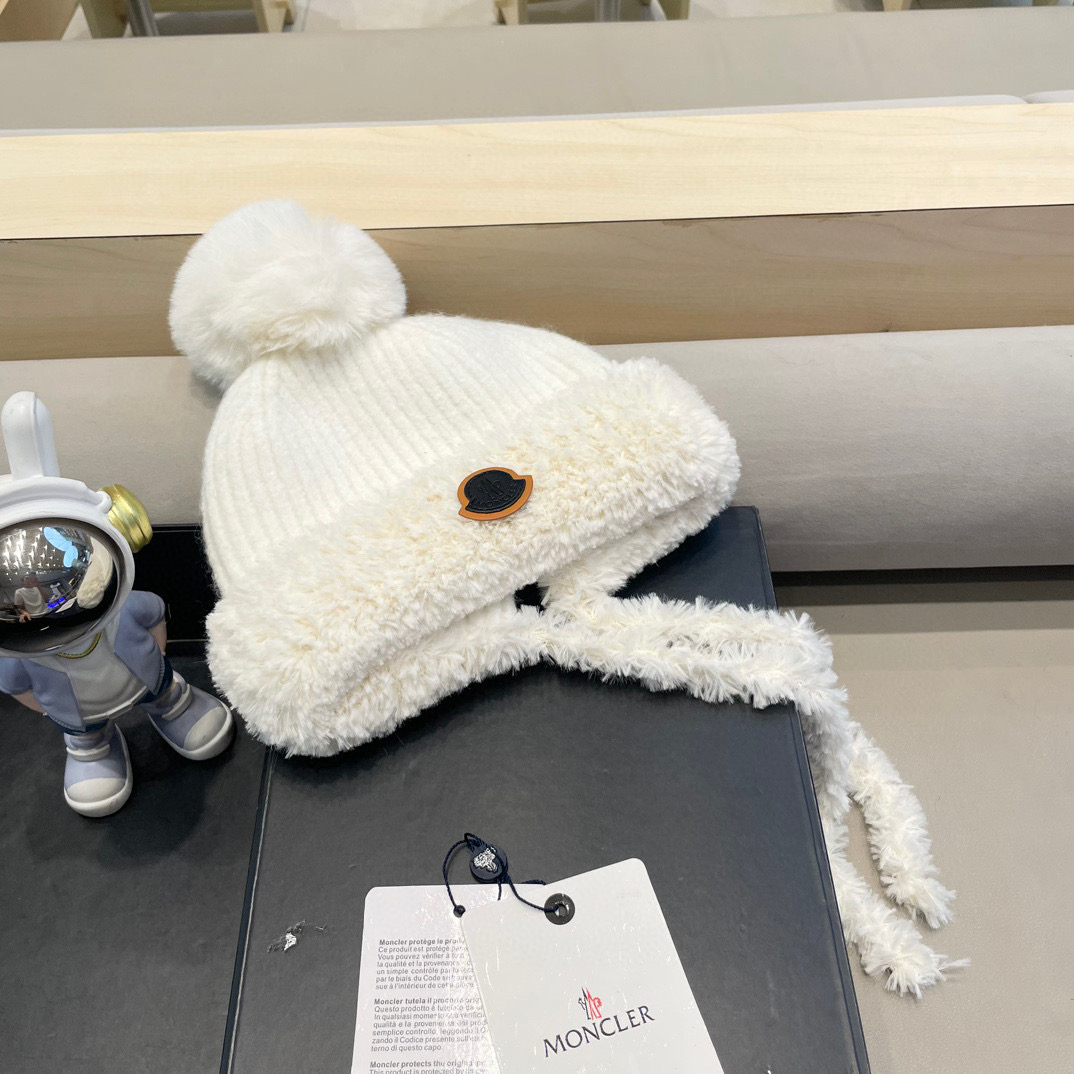 moncler针织帽子女新款保暖加厚防寒毛绒球可爱系带护耳帽潮
