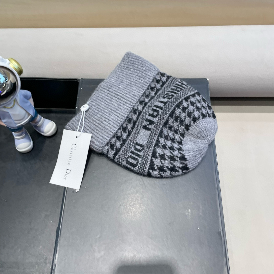 迪奥冬款针织帽女黑色拼接D家冷帽保暖羊绒帽子菠萝菱格毛线帽男
