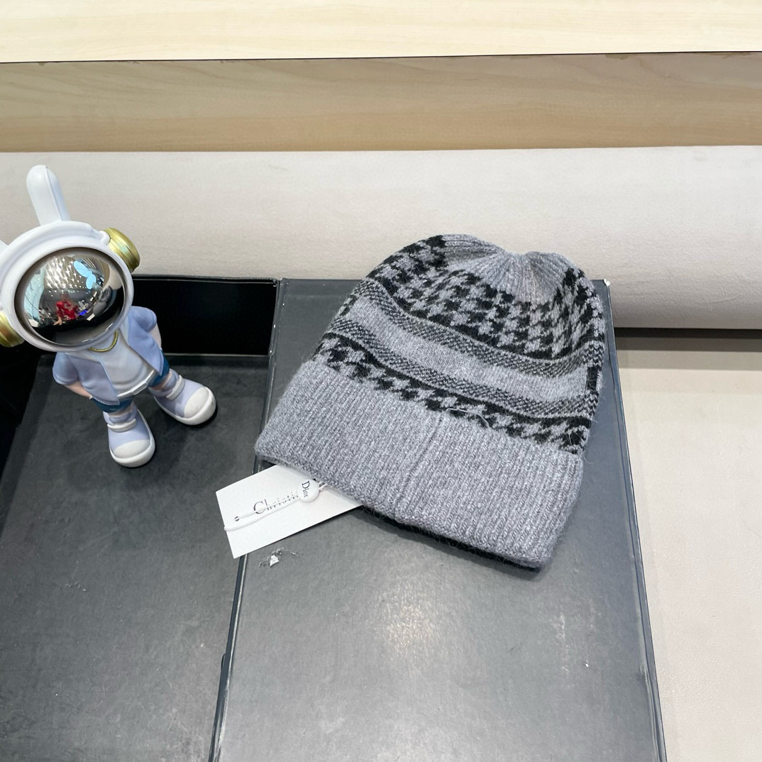 迪奥冬款针织帽女黑色拼接D家冷帽保暖羊绒帽子菠萝菱格毛线帽男