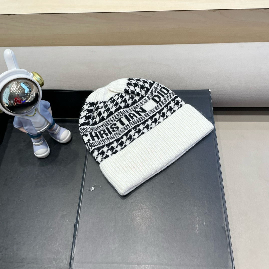 迪奥冬款针织帽女黑色拼接D家冷帽保暖羊绒帽子菠萝菱格毛线帽男