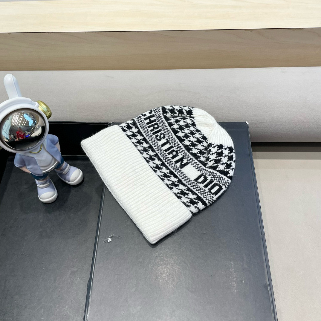 迪奥冬款针织帽女黑色拼接D家冷帽保暖羊绒帽子菠萝菱格毛线帽男