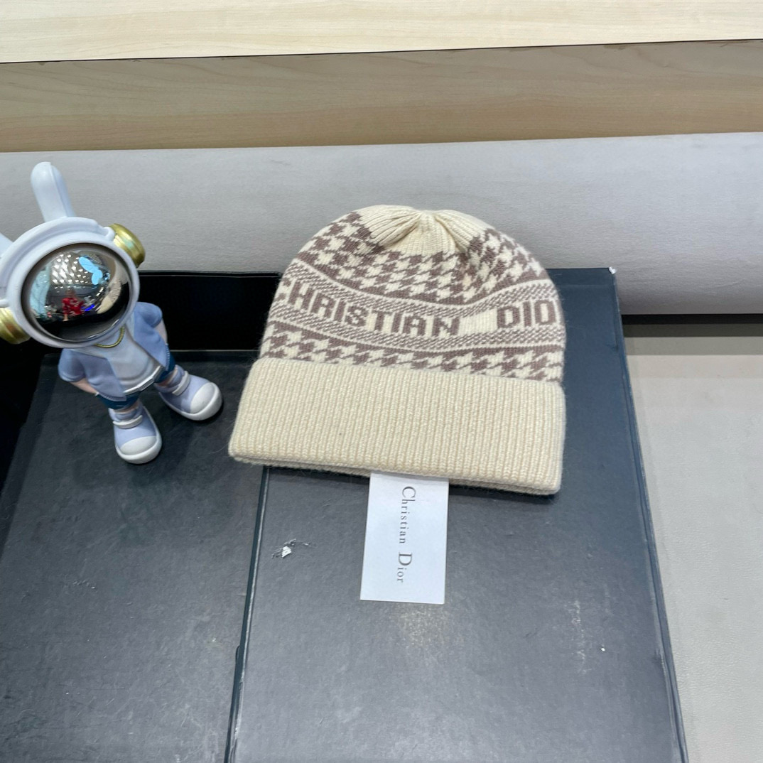 迪奥冬款针织帽女黑色拼接D家冷帽保暖羊绒帽子菠萝菱格毛线帽男