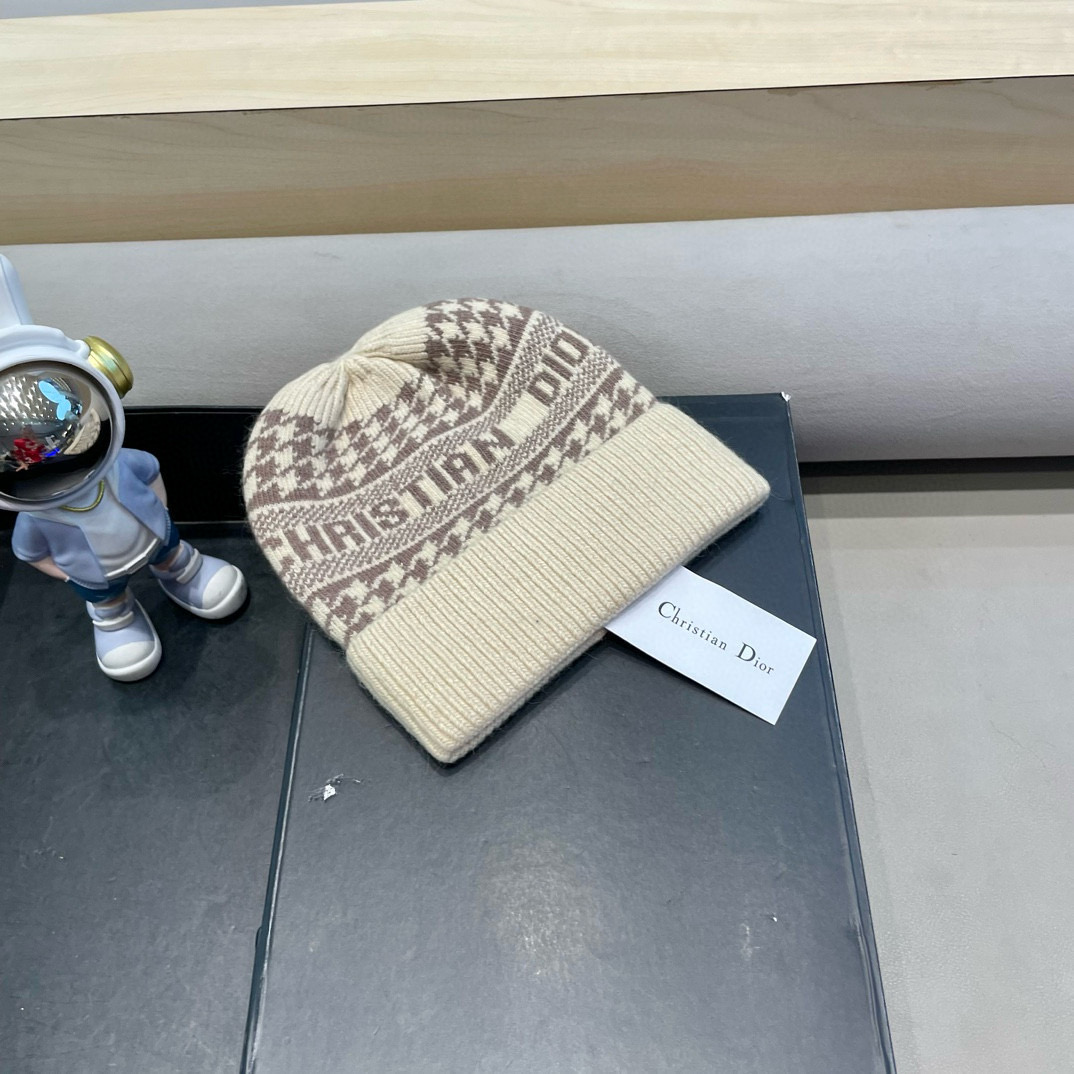 迪奥冬款针织帽女黑色拼接D家冷帽保暖羊绒帽子菠萝菱格毛线帽男
