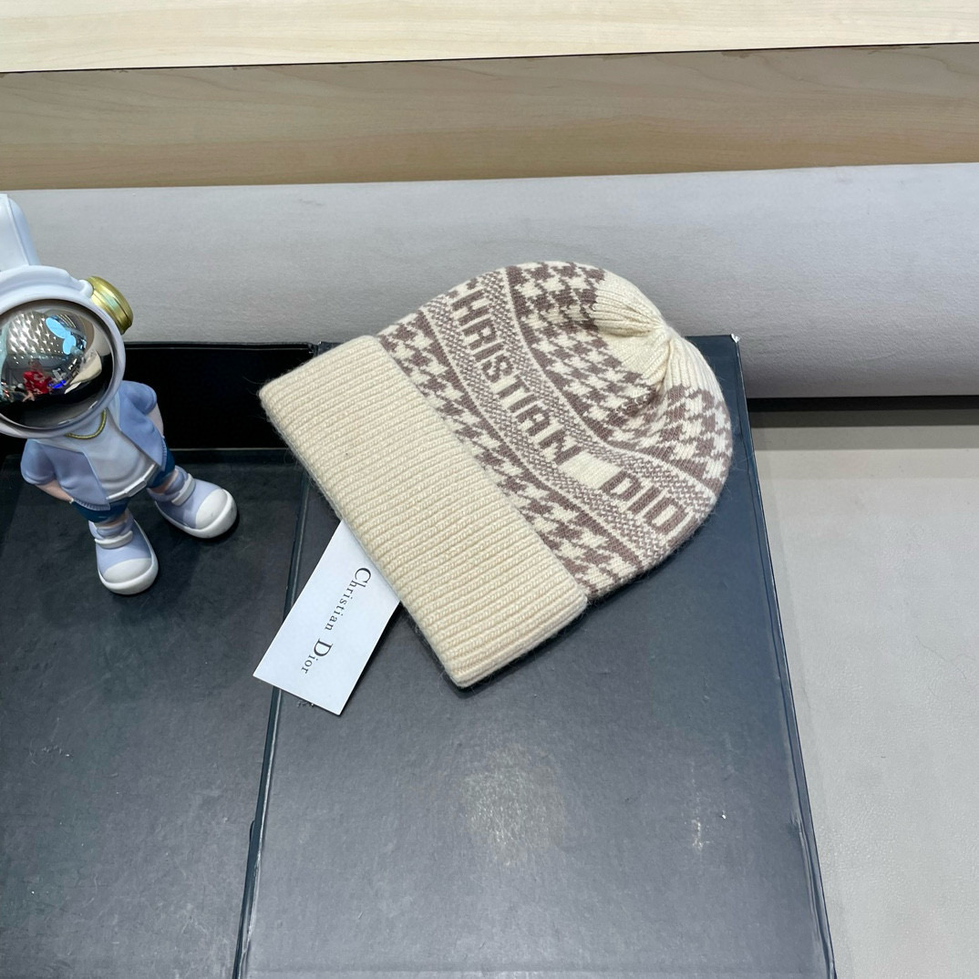 迪奥冬款针织帽女黑色拼接D家冷帽保暖羊绒帽子菠萝菱格毛线帽男