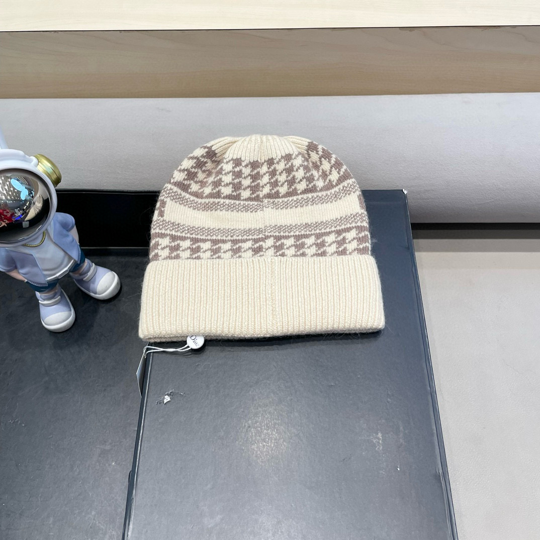 迪奥冬款针织帽女黑色拼接D家冷帽保暖羊绒帽子菠萝菱格毛线帽男