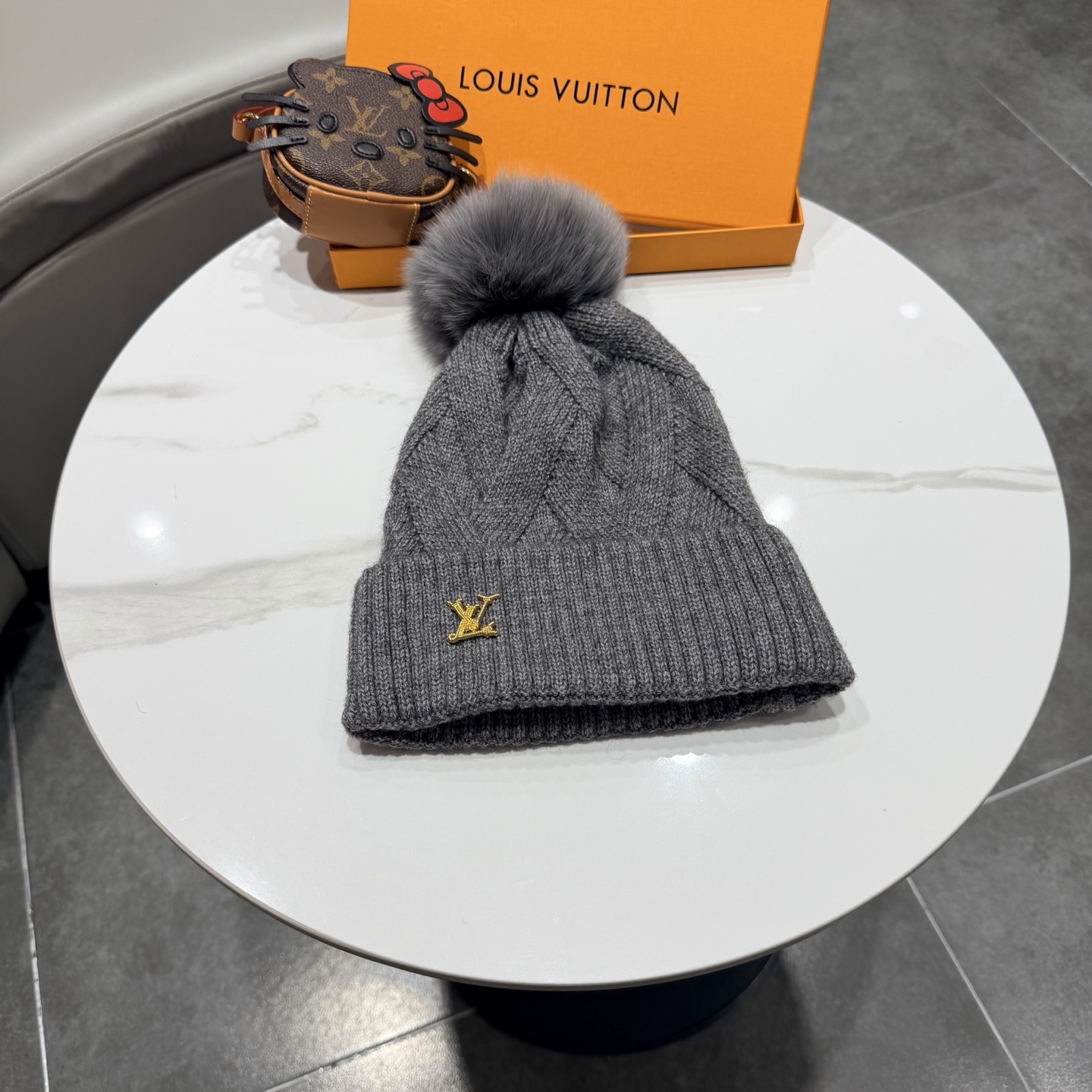 Louis Vuitton Knitted Beanie Hat with Fox Fur Pom-Pom