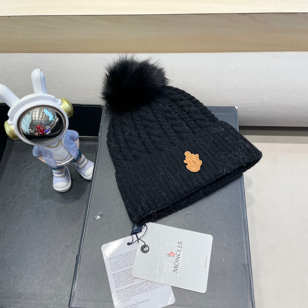 moncler韩版秋冬新款兔毛针织麻花纹毛线帽真狐狸毛球针织帽保暖百搭潮