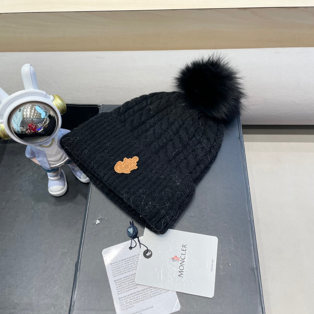 moncler韩版秋冬新款兔毛针织麻花纹毛线帽真狐狸毛球针织帽保暖百搭潮