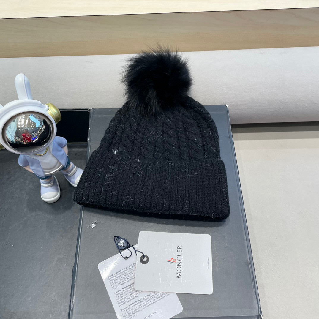 moncler韩版秋冬新款兔毛针织麻花纹毛线帽真狐狸毛球针织帽保暖百搭潮