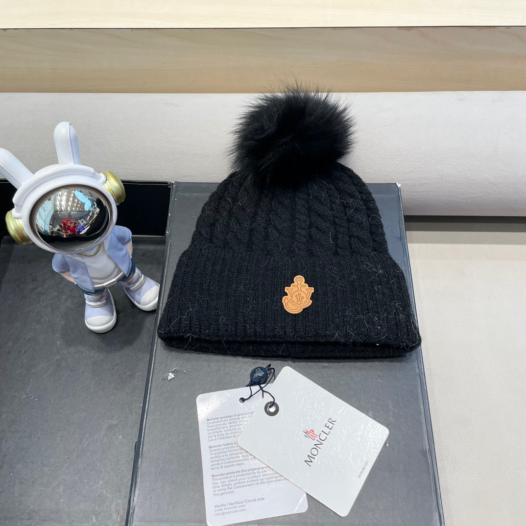 moncler韩版秋冬新款兔毛针织麻花纹毛线帽真狐狸毛球针织帽保暖百搭潮