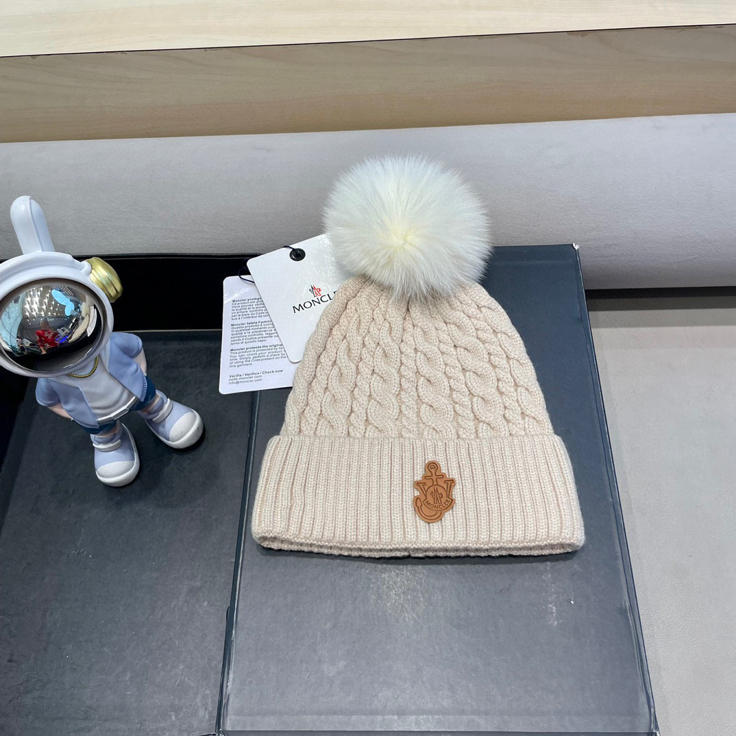 moncler韩版秋冬新款兔毛针织麻花纹毛线帽真狐狸毛球针织帽保暖百搭潮