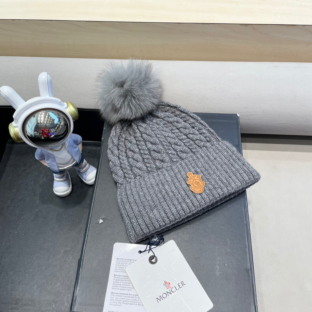 moncler韩版秋冬新款兔毛针织麻花纹毛线帽真狐狸毛球针织帽保暖百搭潮