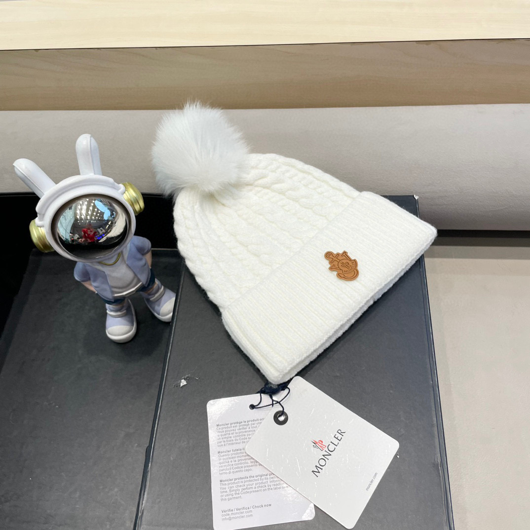 moncler韩版秋冬新款兔毛针织麻花纹毛线帽真狐狸毛球针织帽保暖百搭潮
