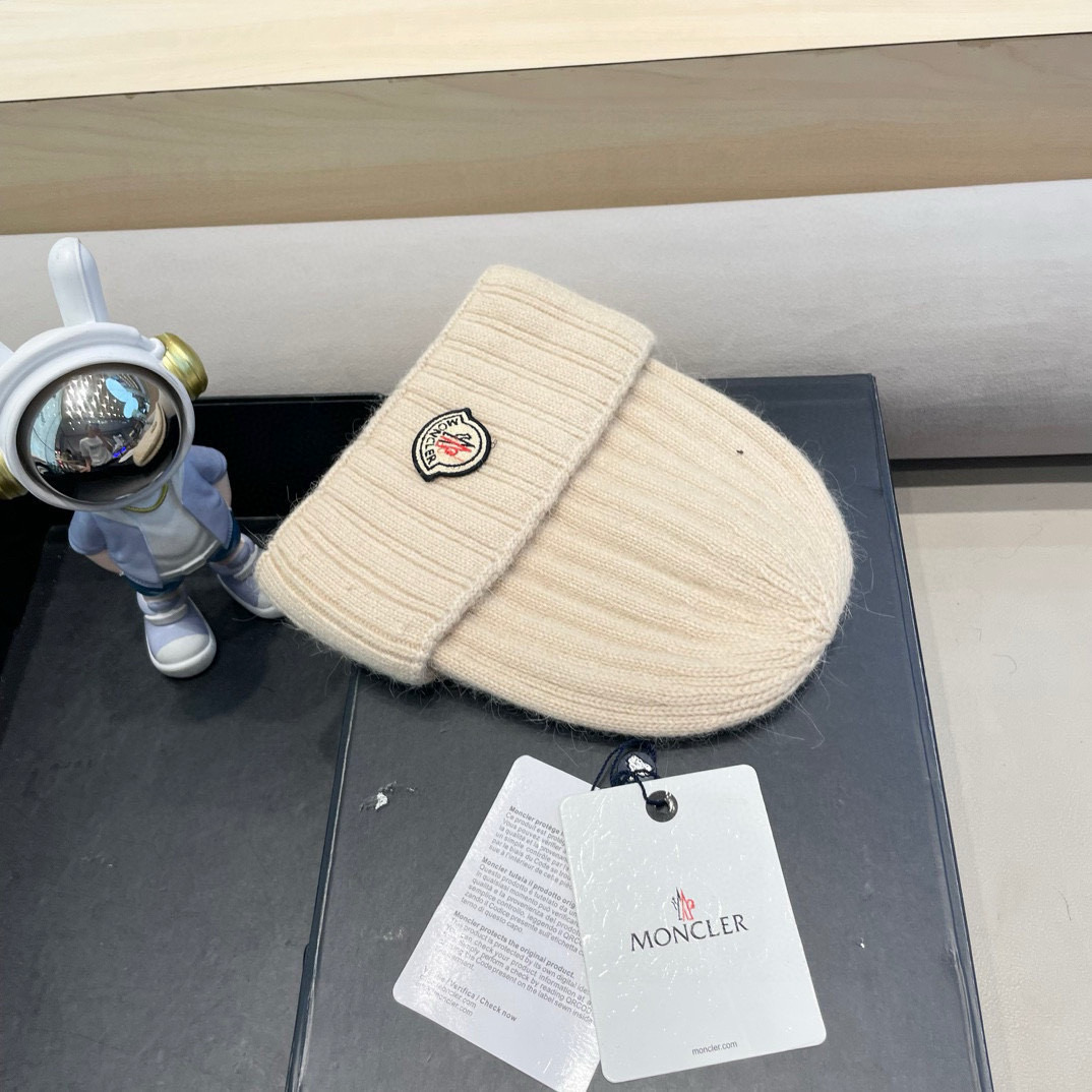 moncler蒙口米色兔毛针织毛线帽大头围包头秋冬保暖护耳冷帽