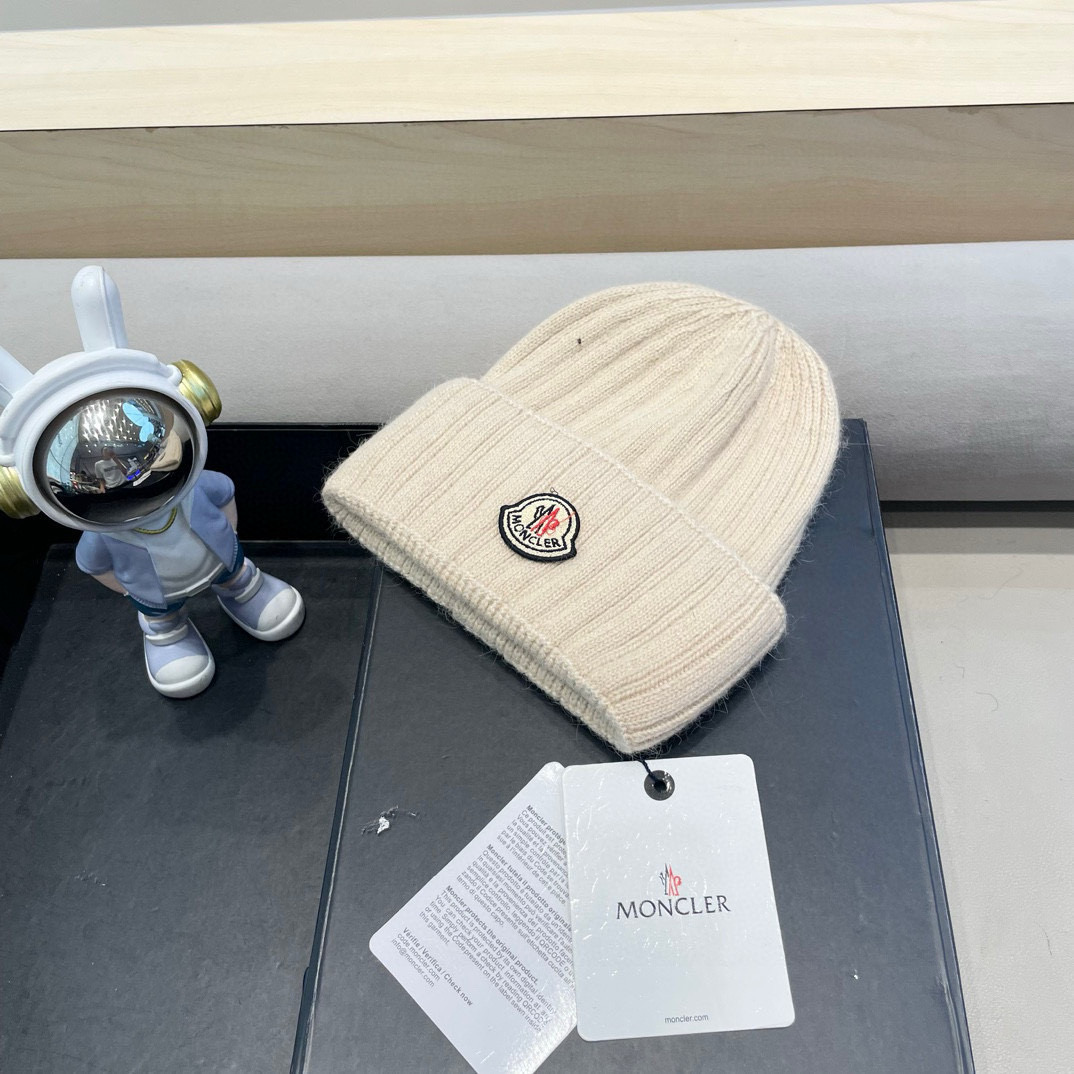 moncler蒙口米色兔毛针织毛线帽大头围包头秋冬保暖护耳冷帽
