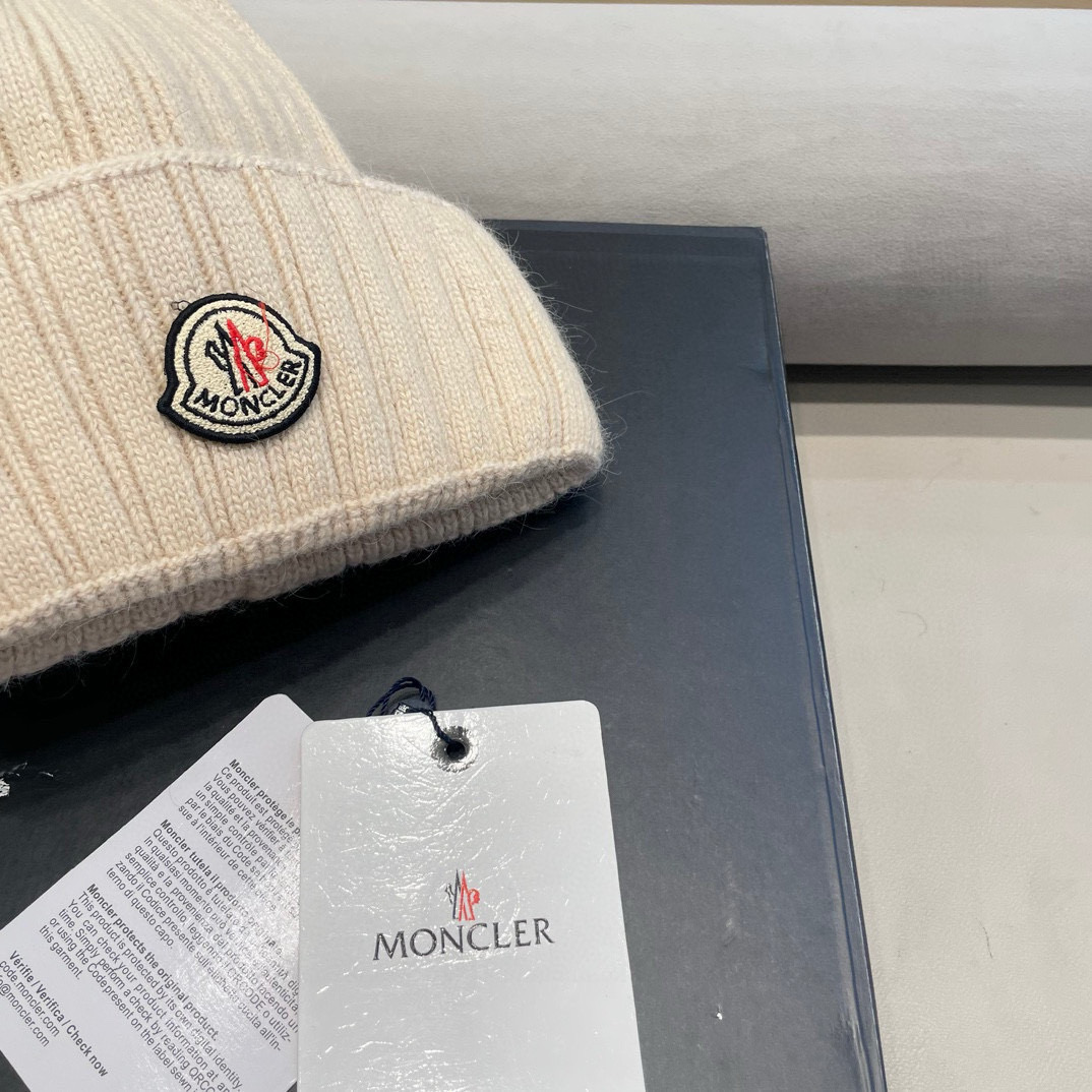 moncler蒙口米色兔毛针织毛线帽大头围包头秋冬保暖护耳冷帽