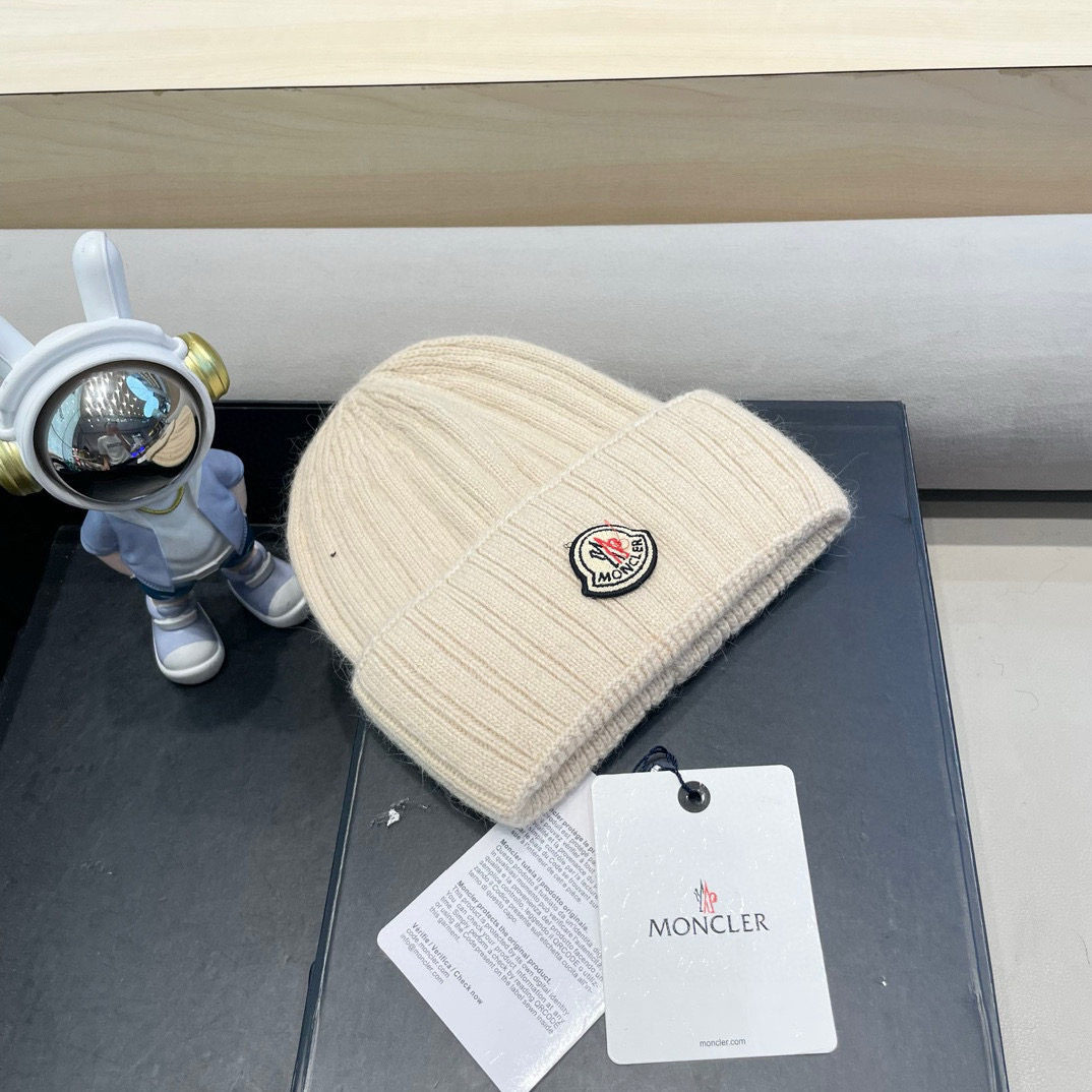 moncler蒙口米色兔毛针织毛线帽大头围包头秋冬保暖护耳冷帽