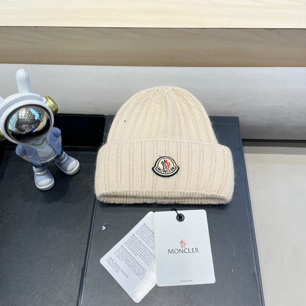 moncler蒙口米色兔毛针织毛线帽大头围包头秋冬保暖护耳冷帽