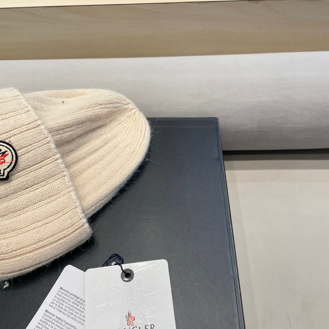 moncler蒙口米色兔毛针织毛线帽大头围包头秋冬保暖护耳冷帽