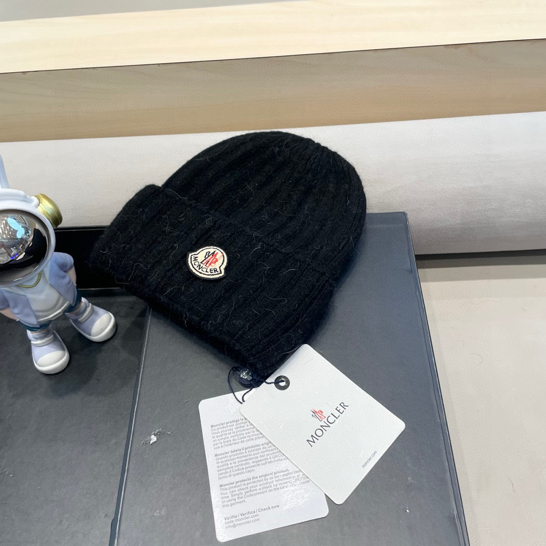 moncler蒙口米色兔毛针织毛线帽大头围包头秋冬保暖护耳冷帽
