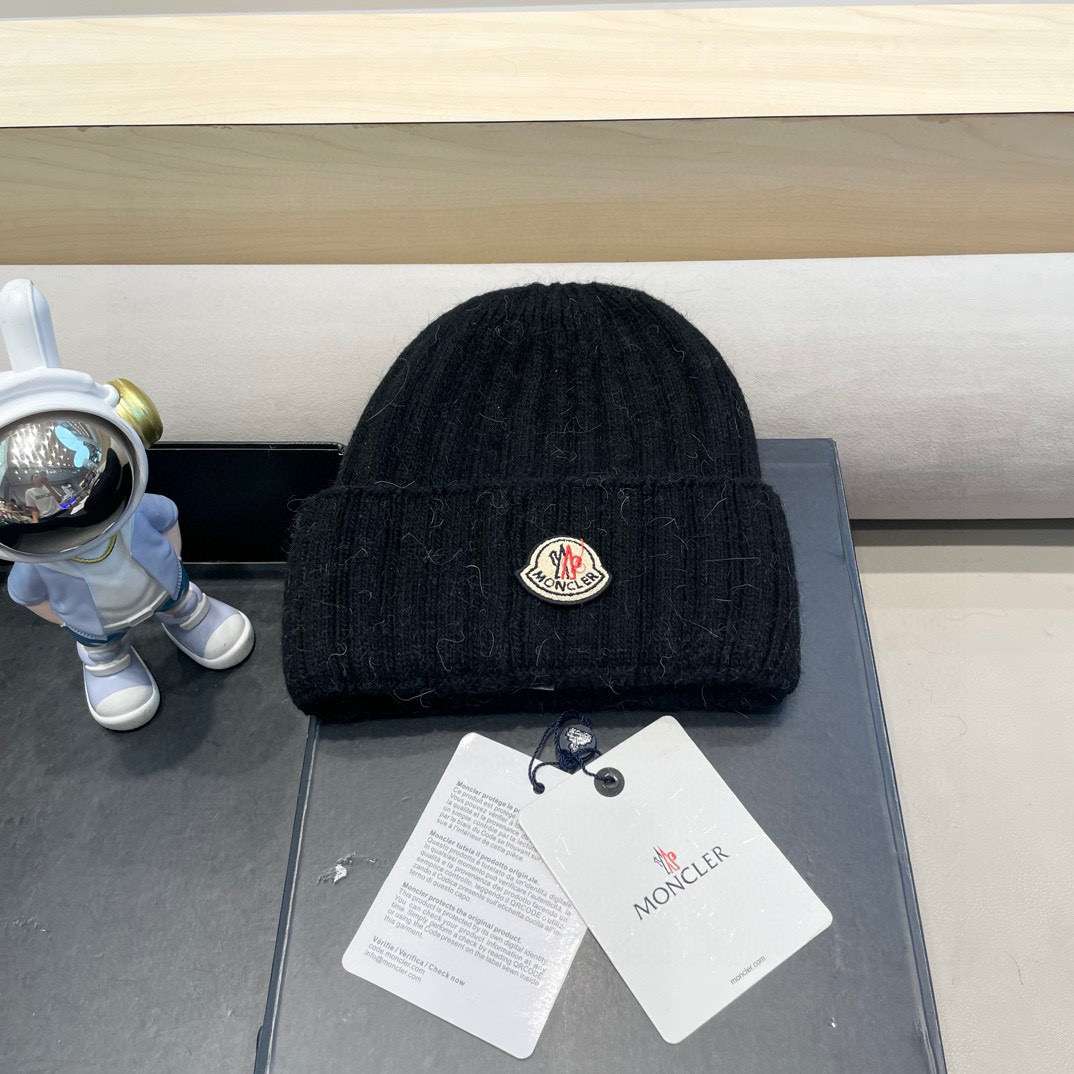 moncler蒙口米色兔毛针织毛线帽大头围包头秋冬保暖护耳冷帽