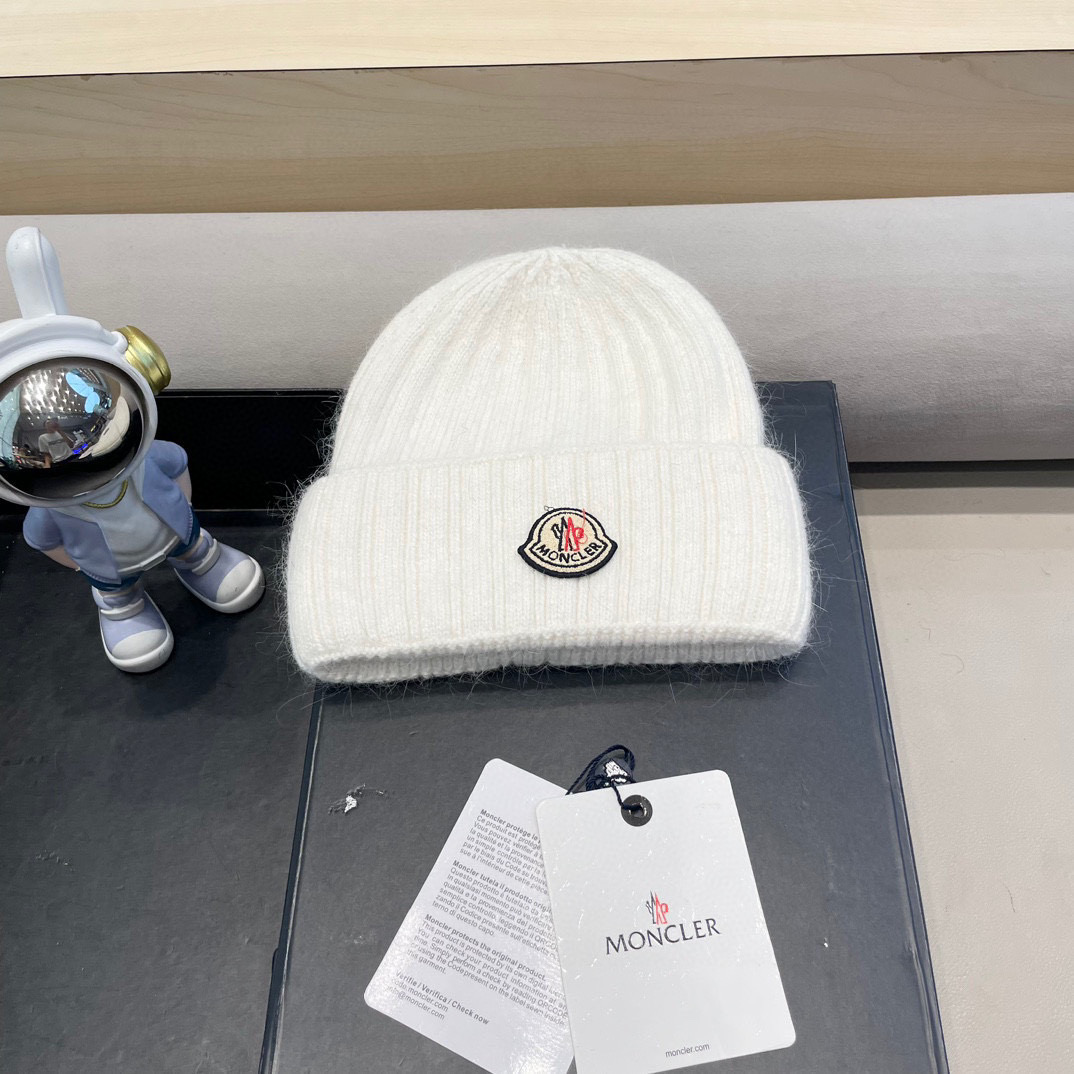moncler蒙口米色兔毛针织毛线帽大头围包头秋冬保暖护耳冷帽