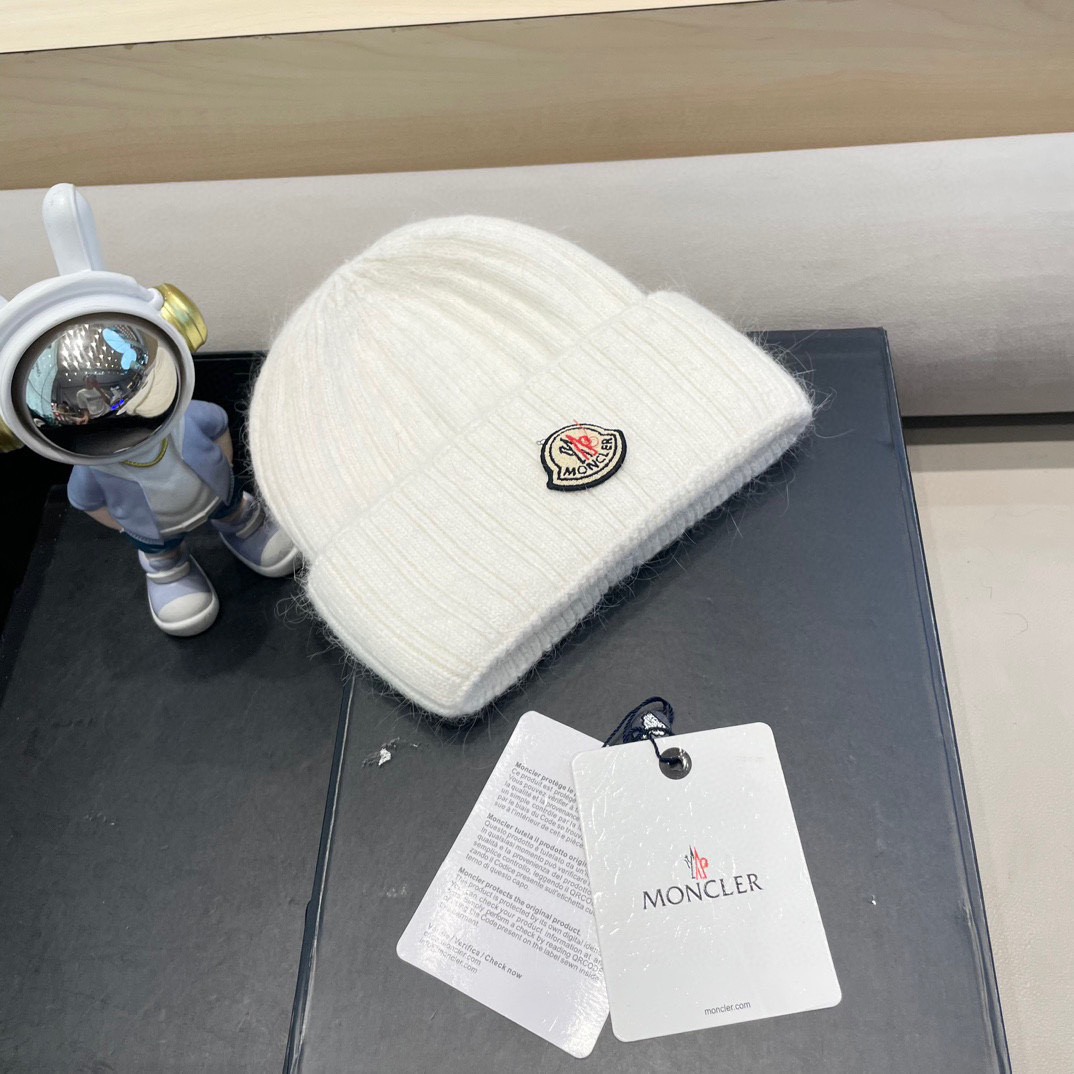 moncler蒙口米色兔毛针织毛线帽大头围包头秋冬保暖护耳冷帽