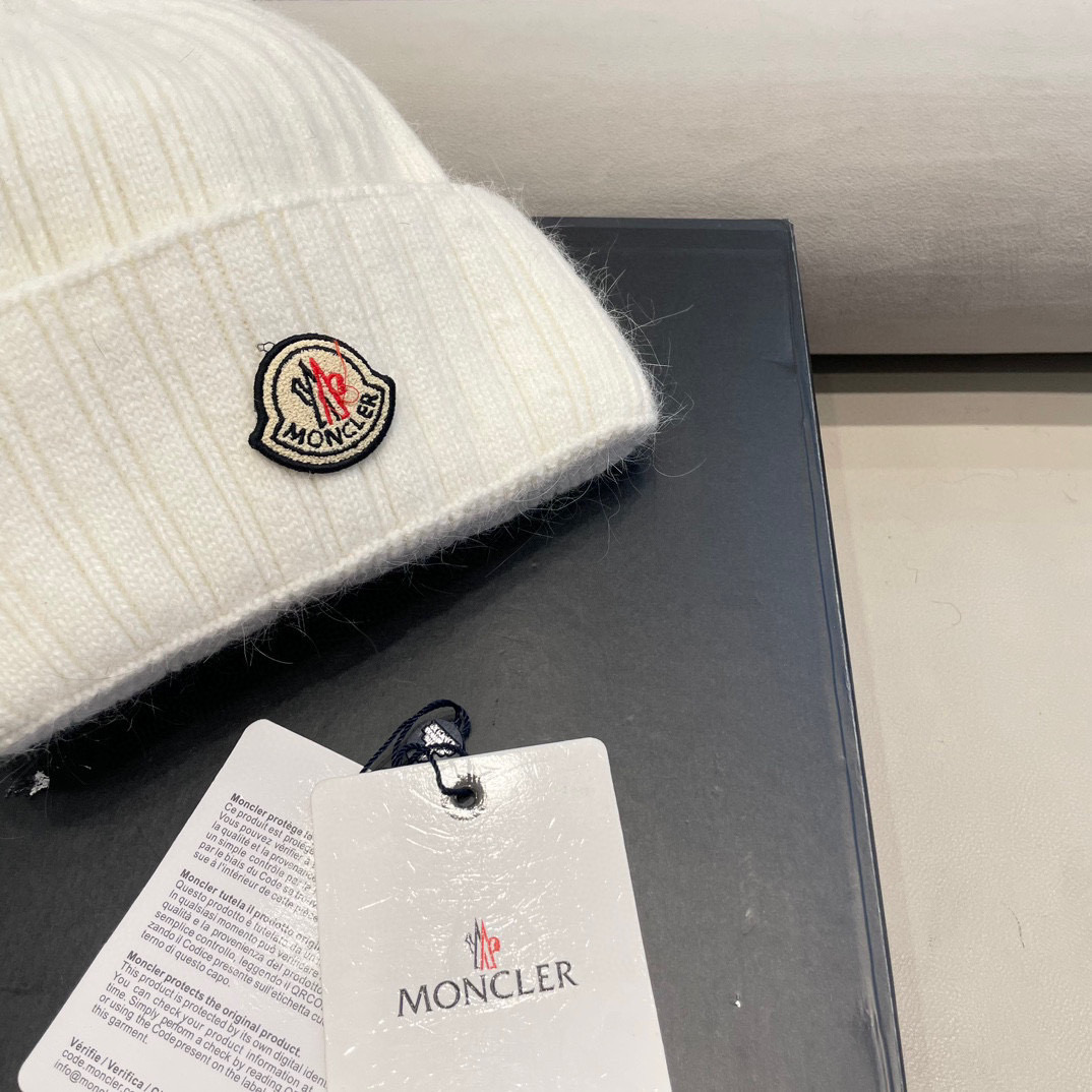 moncler蒙口米色兔毛针织毛线帽大头围包头秋冬保暖护耳冷帽