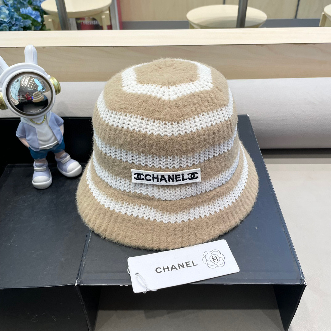 Chanel新款ins韩风针织条纹渔夫帽女秋冬气质简约百搭显脸小毛线水桶帽