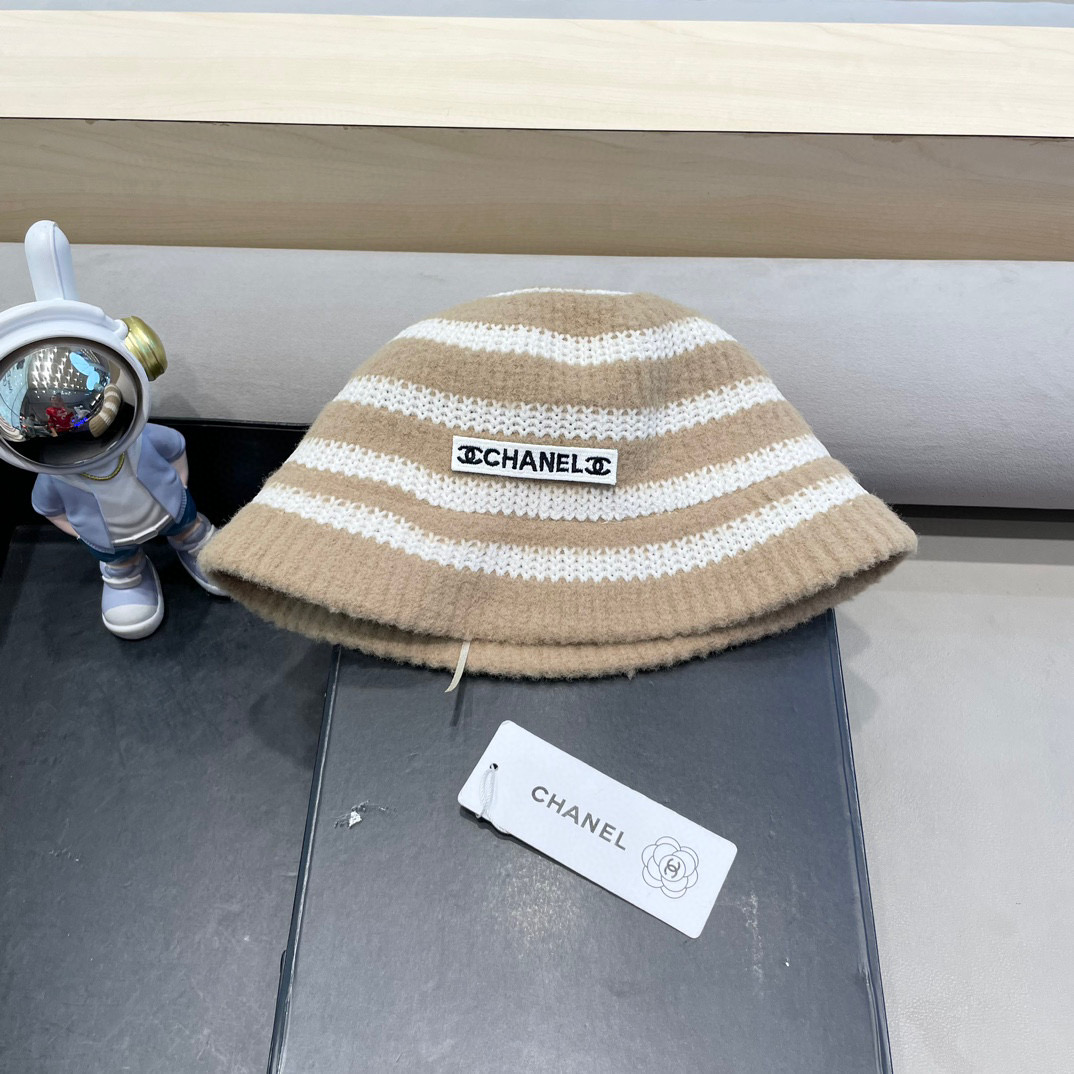 Chanel新款ins韩风针织条纹渔夫帽女秋冬气质简约百搭显脸小毛线水桶帽