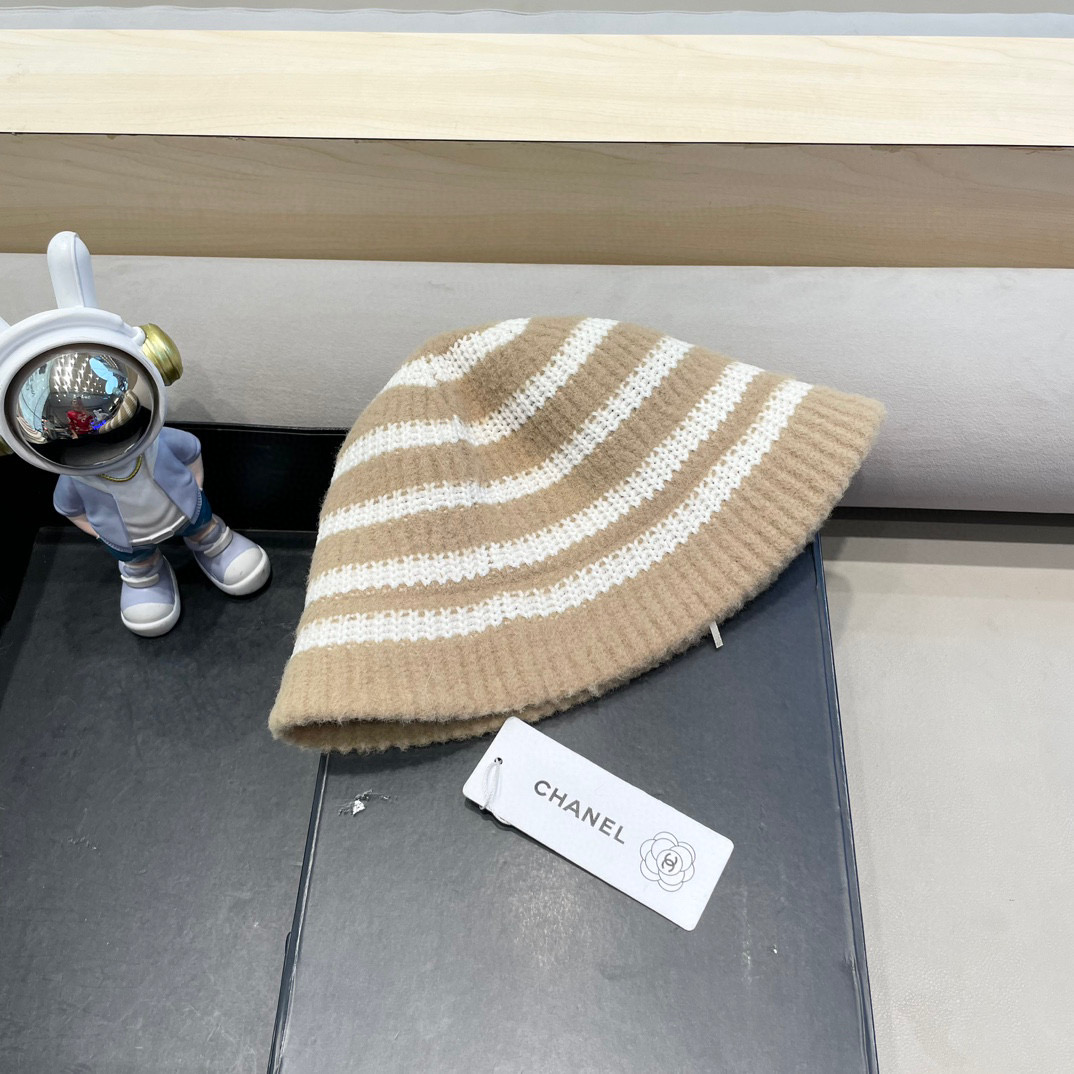 Chanel新款ins韩风针织条纹渔夫帽女秋冬气质简约百搭显脸小毛线水桶帽