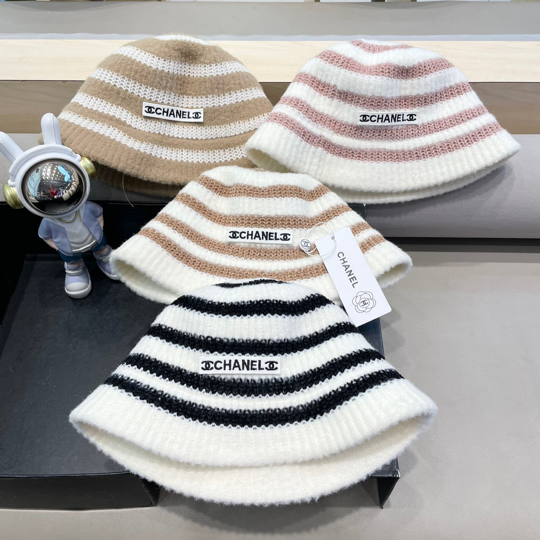 Chanel新款ins韩风针织条纹渔夫帽女秋冬气质简约百搭显脸小毛线水桶帽